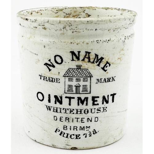 478 - BIRMINGHAM NO NAME OINTMENT POT. 1.5ins tall. Cylindrical shape, black transfer NO NAME/ OINTMENT/ W... 