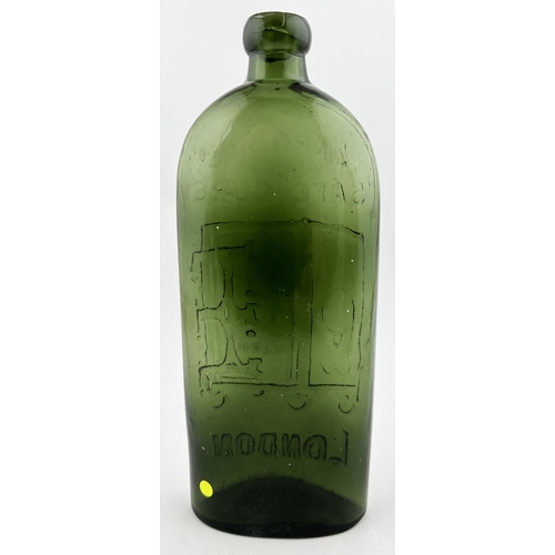 479 - WARNERS SAFE CURE LONDON BOTTLE. 9ins tall. Olive green glass, 1 pint size. Embossed WARNERS/ SAFE C... 