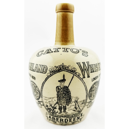 481 - CATTOS ABERDEEN HIGHLAND WHISKY JUG. (WG P43). 8.5ins tall. Spherical light glazed body, tan neck. K... 