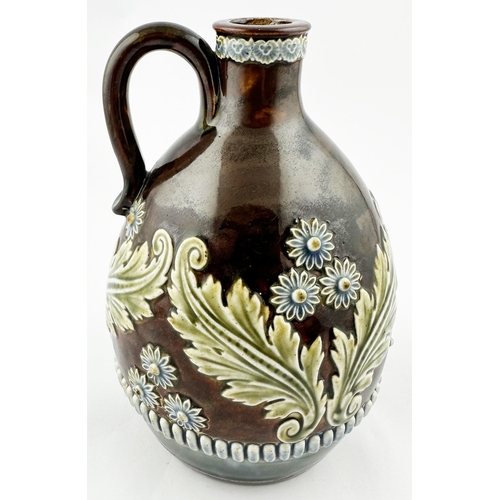 485 - ROYAL DOULTON ARTWARE WHISKY JUG. 7ins tall. Shiny glaze, rear handle. Brown body with green leaf sp... 