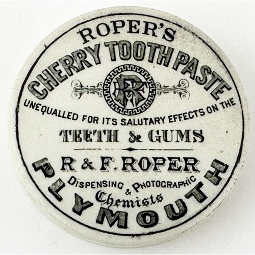 490 - ROPERS PLYMOUTH POT LID. (APL pg88, 86) 2.6ins diam. ROPERS/ CHERRY TOOTH PASTE / R & F. ROPER/ PLYM... 