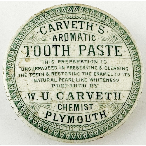 492 - CARVETHS AROMATIC TOOTH POWDER PLYMOUTH POT LID. (APL pg86, 61) 2.8ins diam. Green transfer with dec... 