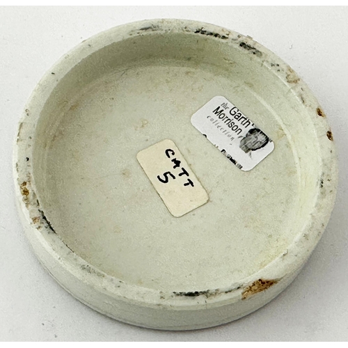 494 - DEVONPORT POT LID. (APL pg87, 71) 2.6ins diam. ARECA/ TOOTH PASTE/ JOHNSON/ FORE ST DEVONPORT. Black... 