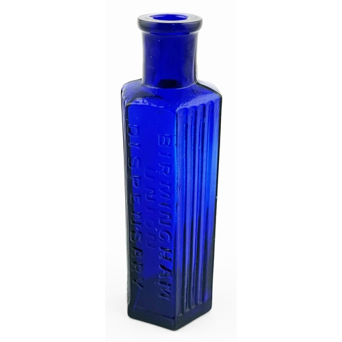 498 - BIRMINGHAM UNION DISPENSARY POISON BOTTLE. 4.6ins tall. Cobalt blue hexagonal, bottle, ribs each sid... 