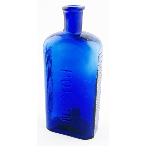 501 - LARGE RECTANGULAR POISON BOTTLE. 7.2ins tall. Cobalt blue rectangular body, round edges, vertical ri... 