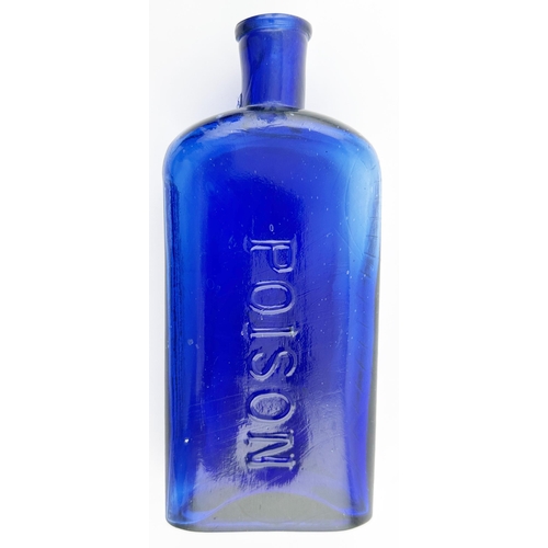 501 - LARGE RECTANGULAR POISON BOTTLE. 7.2ins tall. Cobalt blue rectangular body, round edges, vertical ri... 