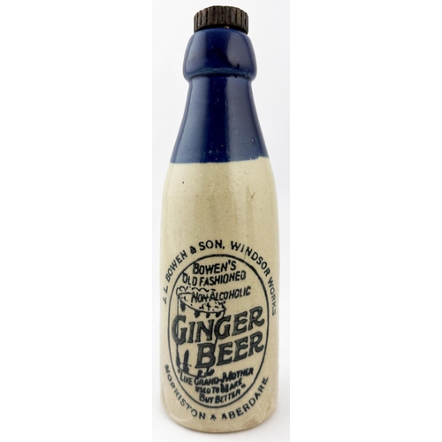 508 - BOWEN & SON MORRISTON & ABERDARE GINGER BEER BOTTLE. 8.4ins tall, ch., deep blue top, screw lip (imp... 