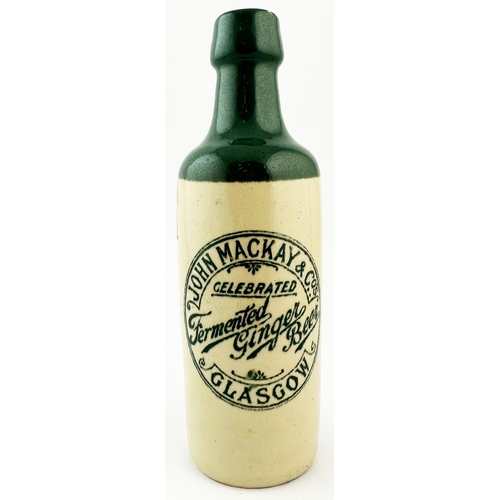 511 - JOHN MACKAY GLASGOW COLOURED TOP GINGER BEER BOTTLE. 8.8ins tall, taller than std, screw lip, dark g... 