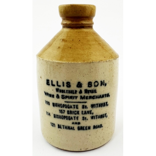 513 - ELLIS & SON MINIATURE FLAGON. 2.75ins tall. Tan top, black transfer, rear handle. Several lines of w... 