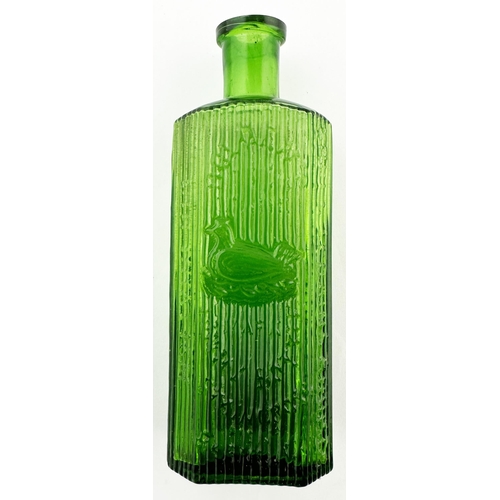 525 - HOLDENS BARNSLEY TOMMY CURE BOTTLE. 5.7ins tall. vivid bright green glass. Rectangular shape, facett... 