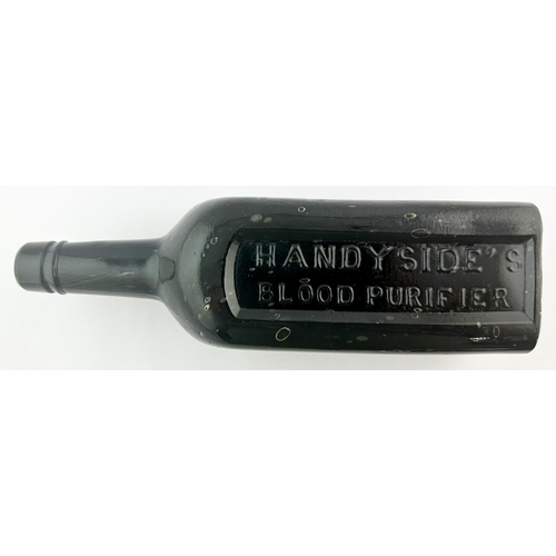 526 - HANDYSIDES BLOOD PURIFIER BOTTLE. 10.7ins tall. Heavy black glass, strongly embossed in front inset ... 