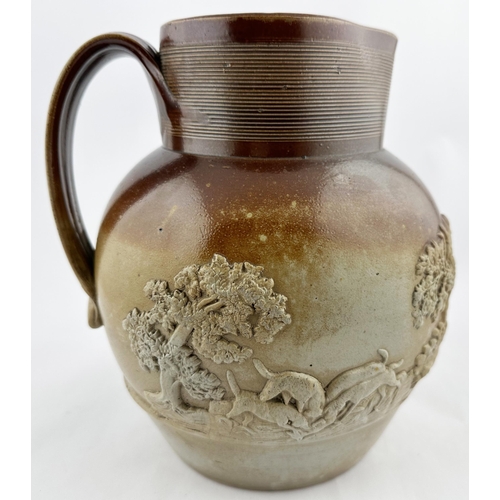 532 - SALT GLAZED HUNTING JUG. 9ins tall. Large & impressive sprigs all round, rear handle, pouring spout.... 