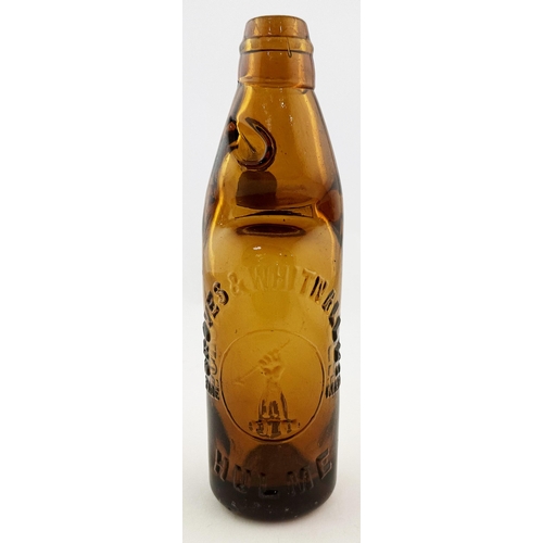 543 - GROVES & WHITNALL HULME COLOURED CODD BOTTLE. 9ins tall. Deep golden amber, 10oz size. Meadowcroft l... 