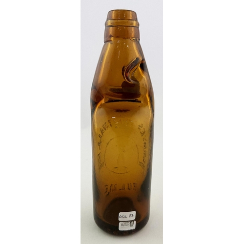 543 - GROVES & WHITNALL HULME COLOURED CODD BOTTLE. 9ins tall. Deep golden amber, 10oz size. Meadowcroft l... 