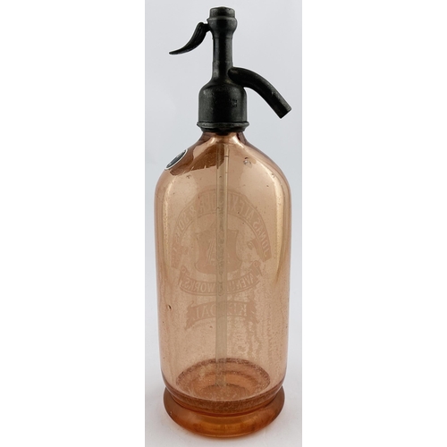 548 - KENDAL SODA SYPHON. 12.75ins. Pink glass, footed base. Acid etched JONAS ALEXANDER & SONS LTD/ AVENU... 