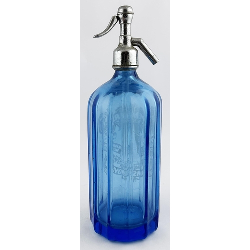 549 - BROMSGROVE SODA SYPHON. 13ins tall. Blue glass, vertical body ribs. Acid etched SPENCERS/ HIGH/ CLAS... 