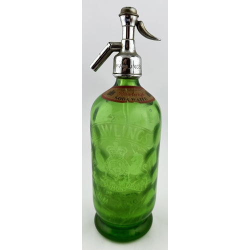 550 - RAWLINGS SODA SYPHON. 12ins tall. Emerald green glass, footed, circular body pattern. Acid etched wi... 