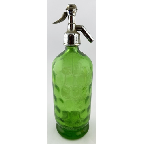 550 - RAWLINGS SODA SYPHON. 12ins tall. Emerald green glass, footed, circular body pattern. Acid etched wi... 