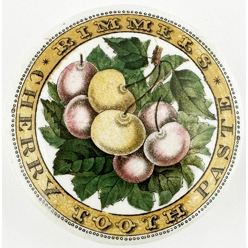 558 - RIMMELS CHERRY TOOTH PASTE POT LID. 3ins diam. Yellow, pink & green transfer with bunch of cherries ... 