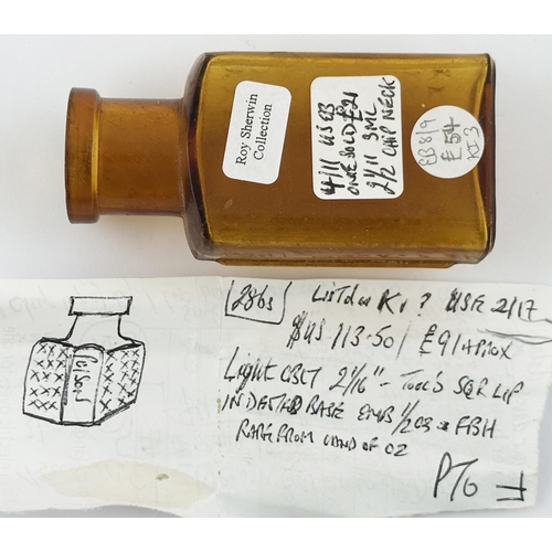 564 - AMERICAN POISON BOTTLE. (DP p51) 3ins tall. Amber glass, vertical embossing POISON with raised stars... 