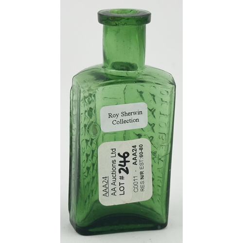 566 - FUMELINE POISON BOTTLE. (DP p52) 3.25ins tall. Green glass, vertical embossing POISON/ FUMELINE/ NOT... 