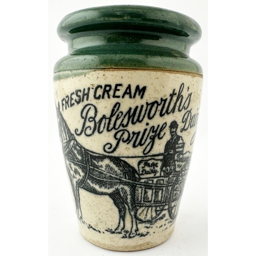 568 - BOLESWORTHS PRIZE DAIRY CREAM POT. 3ins tall. Green top, off white body, stoneware. Large, black - w... 