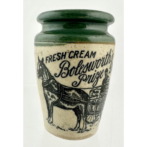 568 - BOLESWORTHS PRIZE DAIRY CREAM POT. 3ins tall. Green top, off white body, stoneware. Large, black - w... 