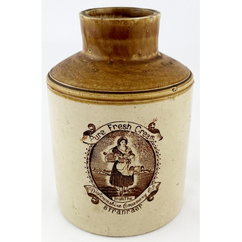 573 - STRANRAER FRESH CREAM JUG. 7ins tall. Brown top, brown transfer. Rear handle. Milkmaid pict to centr... 