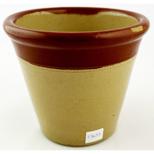 574 - BIRMINGHAM SHUFFLEBOTHAM STORES BUTTER CROCK. 5ins tall. Dark brown top, black transfer. 2lb impress... 