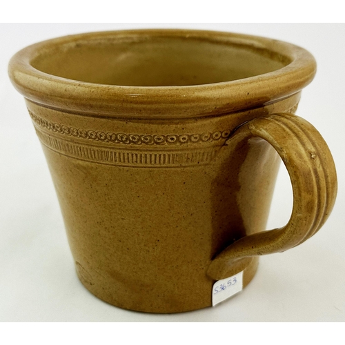 575 - BIRMINGHAM BUTTER CROCK. 4.75ins tall. Sandy glaze, impressed BARROWS/ PROVISION STORES. Rear handle... 