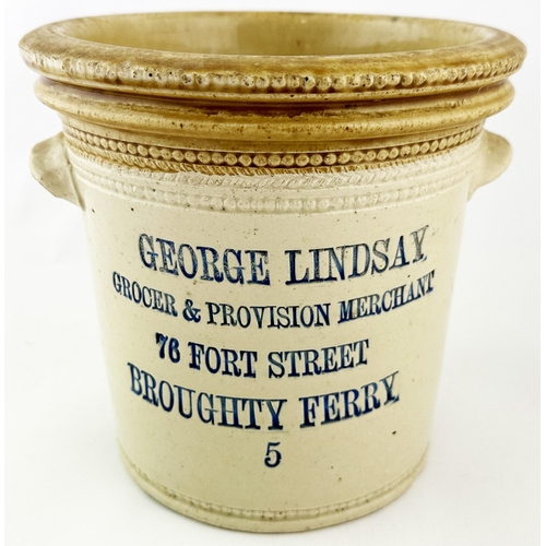 576 - GEORGE LINDSAY BROUGHTY FERRY BUTTER CROCK. 7ins tall. Tan top, two side handles. Five lines of lett... 