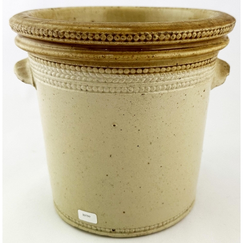 576 - GEORGE LINDSAY BROUGHTY FERRY BUTTER CROCK. 7ins tall. Tan top, two side handles. Five lines of lett... 