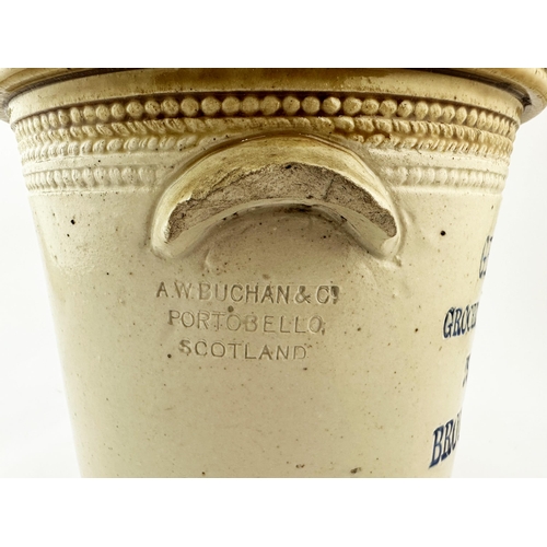 576 - GEORGE LINDSAY BROUGHTY FERRY BUTTER CROCK. 7ins tall. Tan top, two side handles. Five lines of lett... 