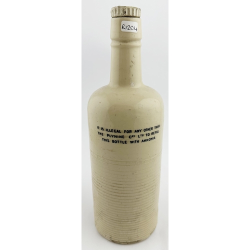 580 - ABERDEEN LABELLED PLYNINE HOUSEHOLD AMMONIA BOTTLE. 10.9ins tall. Off white stoneware cylinder, lowe... 