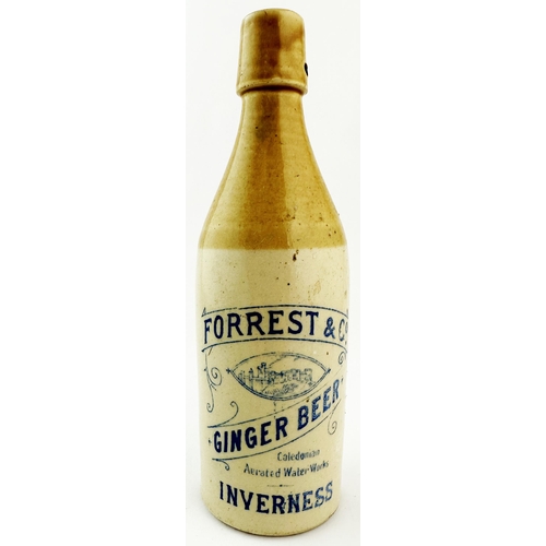 583 - FORREST & CO INVERNESS GINGER BEER BOTTLE. 8.8ins tall, ch., square swing stopper type lip (minute n... 