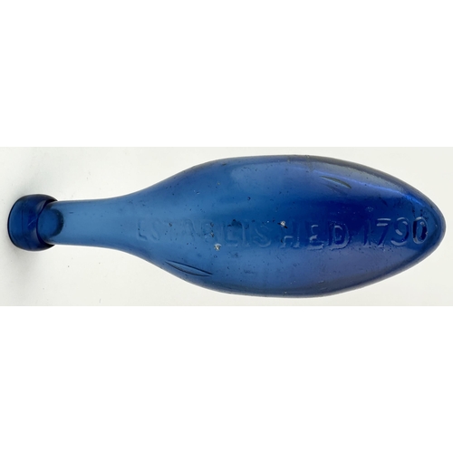 593 - NEWCASTLE BLUE GLASS HAMILTON BOTTLE. (p82 Nothing But the Blues) 8.5ins tall. Lighter cobalt blue g... 