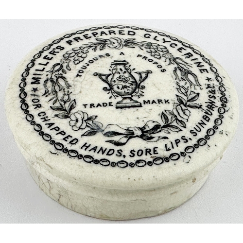 595 - MILLERS POT LID. 2.5ins diam. MILLERS PREPARED GLYCERINE/ FOR CHAPPED HANDS, SORE LIPS, SUNBURNS & C... 