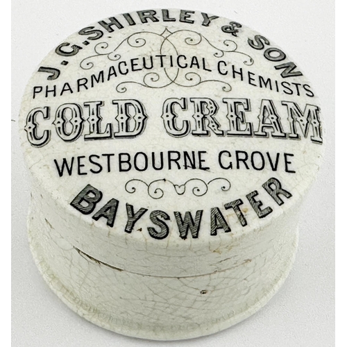 599 - J.G. SHIRLEY & SON POT LID & BASE. (APL 390, 46) 2.4ins diam. J.G. SHIRLEY & SON/ COLD CREAM/ WESTBO... 