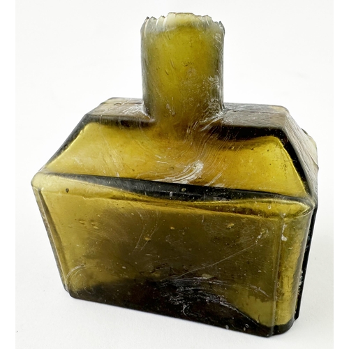 608 - CLASSIC BOAT INK BOTTLE. (IB p63) 2ins tall. Olive- amber glass with swirls. Very scarce colour. Min... 