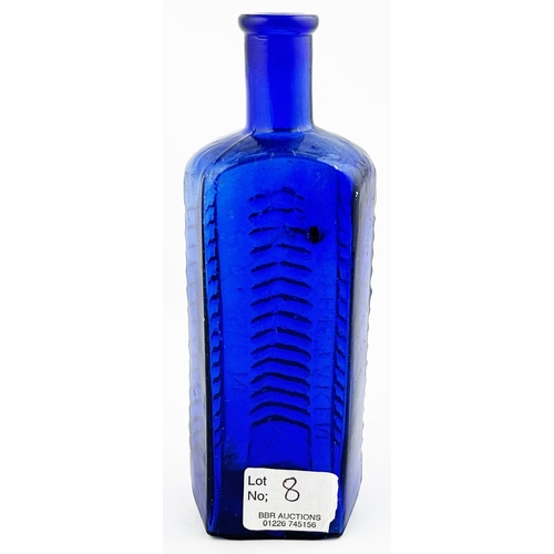 611 - ETON STAR POISON BOTTLE. (DP p58) 6.7ins tall. Cobalt blue, horizontally ribbed, vertical embossing ... 