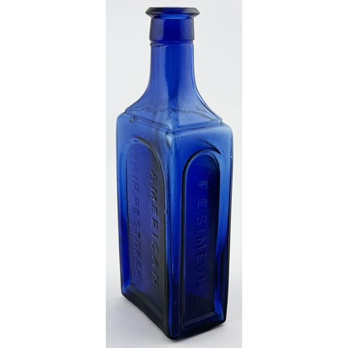 612 - AMERICAN HAIR RESTORER BOTTLE. 7.6ins tall. Cobalt blue, rectangular, embossed to three sides F E SI... 