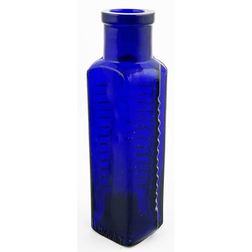 614 - WIDE NECK ETON START POISON BOTTLE. (DP p58) 4.9ins tall. Cobalt blue, horizontally ribbed, vertical... 