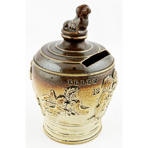 623 - 1859 SALT GLAZE MONEY BOX. 5.5ins tall. Impressed ELLEN ANTHONY with cherub sprigs to body, dog figu... 