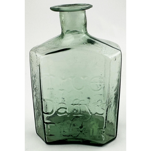 626 - SPLIT SIZE DAFFYS ELIXIR BOTTLE. 4ins tall. Light aqua glass, small size early medicine, rectangular... 