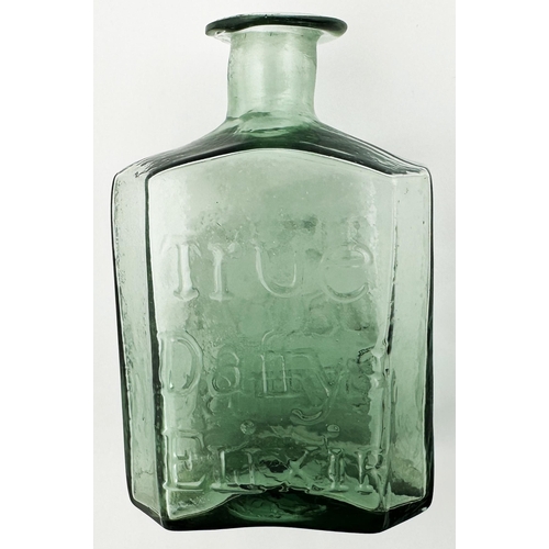 626 - SPLIT SIZE DAFFYS ELIXIR BOTTLE. 4ins tall. Light aqua glass, small size early medicine, rectangular... 