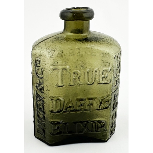 627 - DAFFYS ELIXIR BOTTLE. 4.5ins tall. Olive green glass, rectangular cross scetion, bevelled corners. V... 