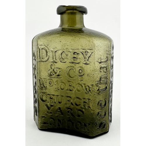 627 - DAFFYS ELIXIR BOTTLE. 4.5ins tall. Olive green glass, rectangular cross scetion, bevelled corners. V... 