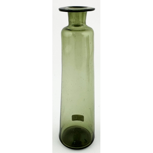 628 - MEDICINE VIAL BOTTLE. 5.5ins tall. Pale green glass. Tall, thin wall, inward tapering body, short ne... 