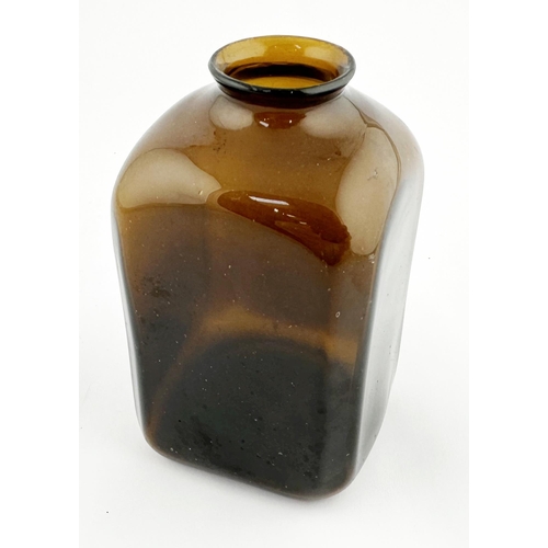 641 - SQUARE BODIED FREEBLOWN SNUFF . 4.5ins tall, mid brown glass. Square body with short neck, flared li... 