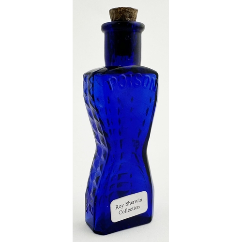 648 - HALF OUNCE ECLIPSE WASP WAIST POISON. DP p30. 3.2ins tall. Cobalt blue, flat lip. POISON across top ... 